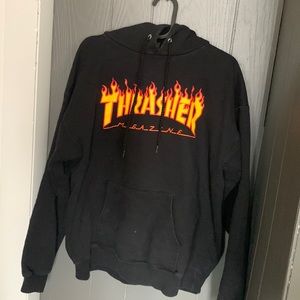 Black, orange,and yellow thrasher hoodie